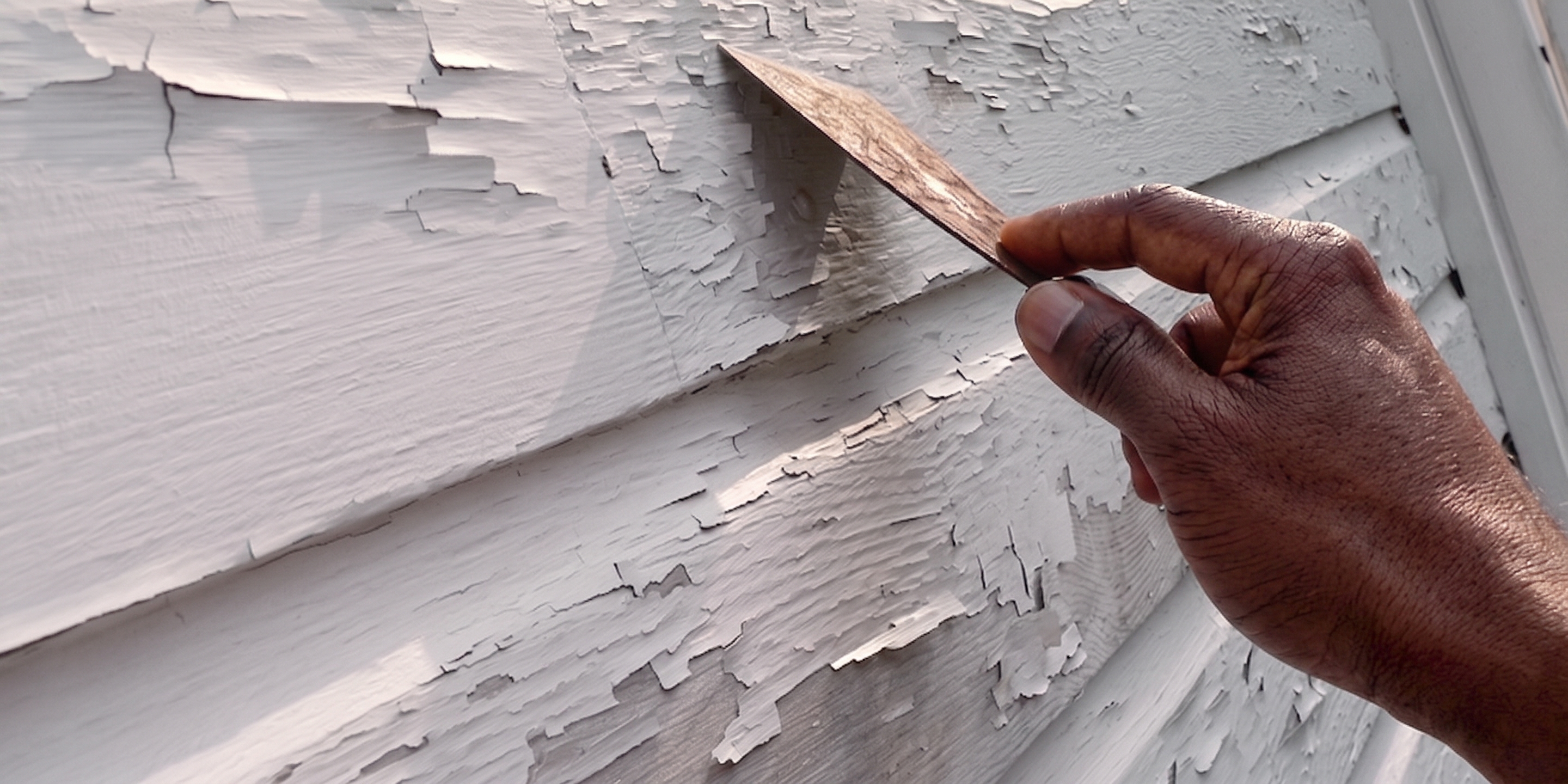 Gloved hands inspecting baseboard paint near a window frame