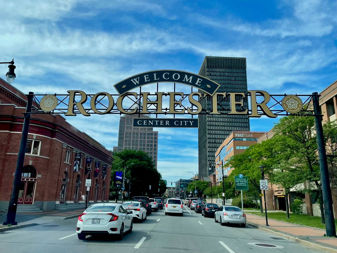 Rochester street with older painted housing stock